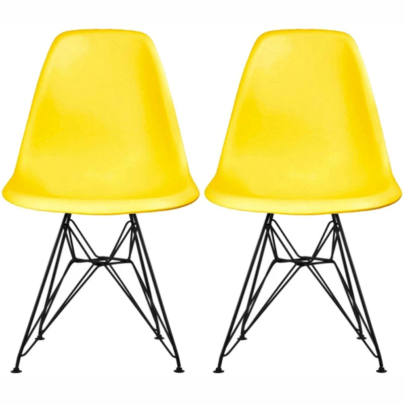 Set of 2 Mid-Century Modern Dining Side Chairs Armless Plastic Shell Seat with Black Metal Wire Eiffel Base, White