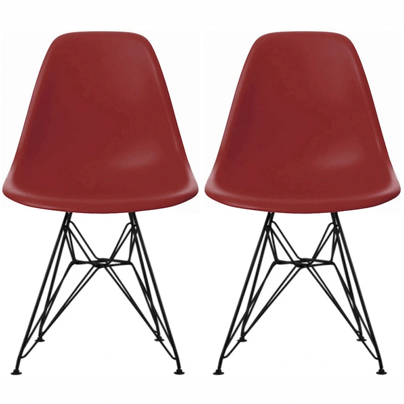 Set of 2 Mid-Century Modern Dining Side Chairs Armless Plastic Shell Seat with Black Metal Wire Eiffel Base, White