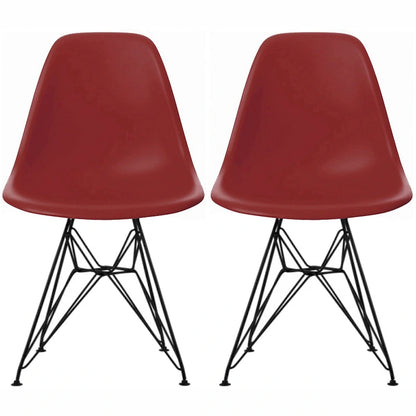 Set of 2 Mid-Century Modern Dining Side Chairs Armless Plastic Shell Seat with Black Metal Wire Eiffel Base, White