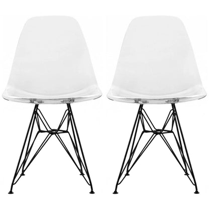 Set of 2 Mid-Century Modern Dining Side Chairs Armless Plastic Shell Seat with Black Metal Wire Eiffel Base, White