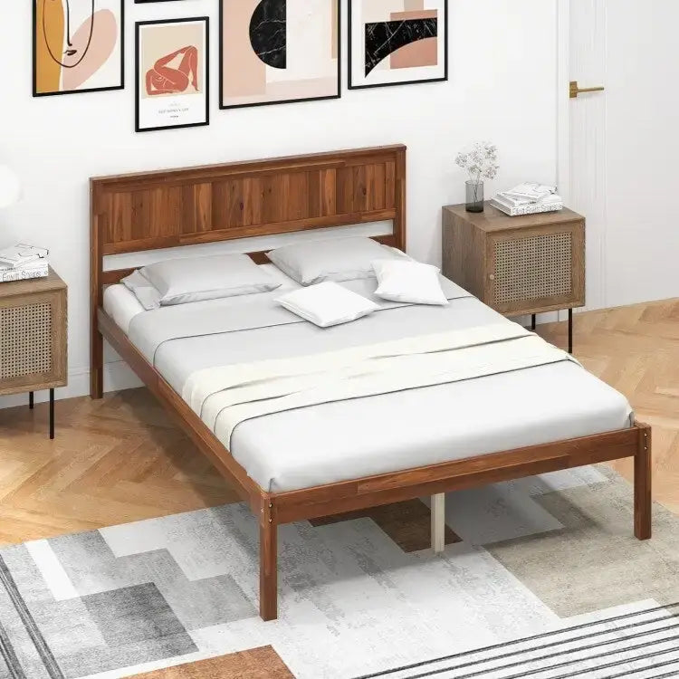 Bed Frame with Wooden Headboard and Slat Support
