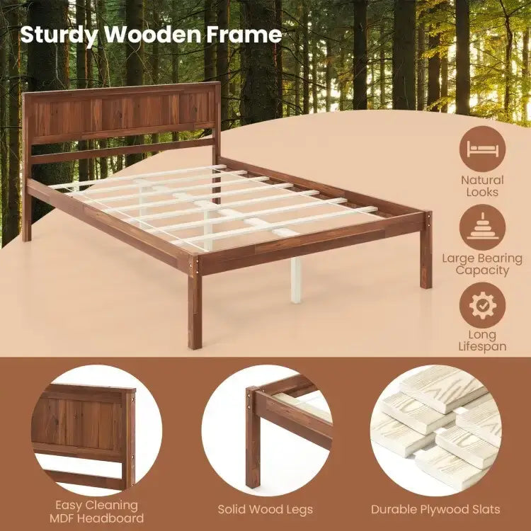 Bed Frame with Wooden Headboard and Slat Support