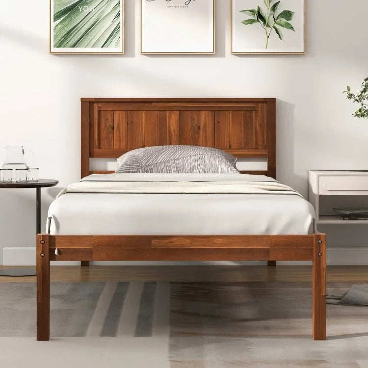 Bed Frame with Wooden Headboard and Slat Support
