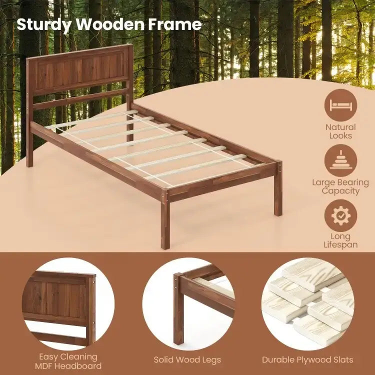 Bed Frame with Wooden Headboard and Slat Support