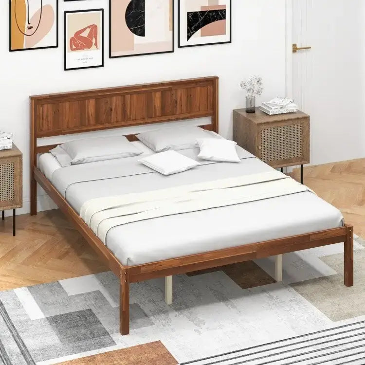 Bed Frame with Wooden Headboard and Slat Support