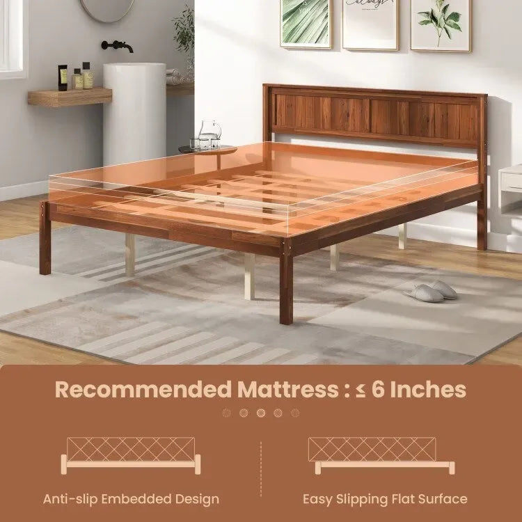 Bed Frame with Wooden Headboard and Slat Support
