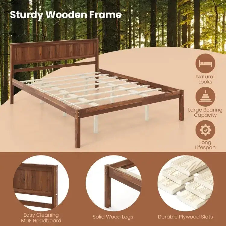 Bed Frame with Wooden Headboard and Slat Support