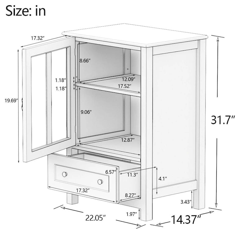 Buffet storage cabinet with glass doors and unique bell handle - 22.05x14.37x31.69