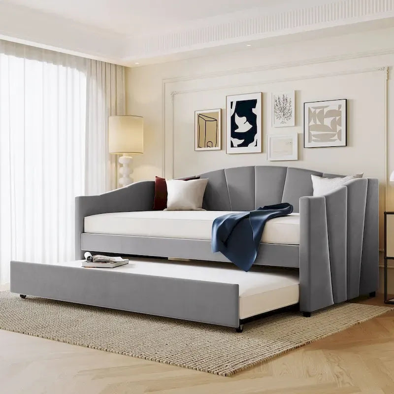 Twin Size Upholstered Daybed Sofa Bed With Trundle Bed