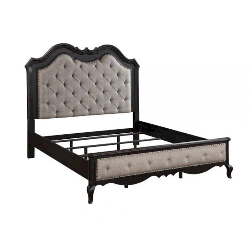 Chery King Size Bed with Button Tufted Headboard, Beige Upholstery, Black