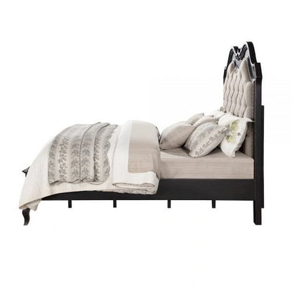 Chery King Size Bed with Button Tufted Headboard, Beige Upholstery, Black