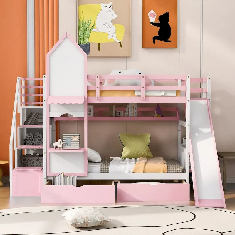 Twin-Over-Twin Castle Style Bunk Bed with Drawers,Shelves,Slide