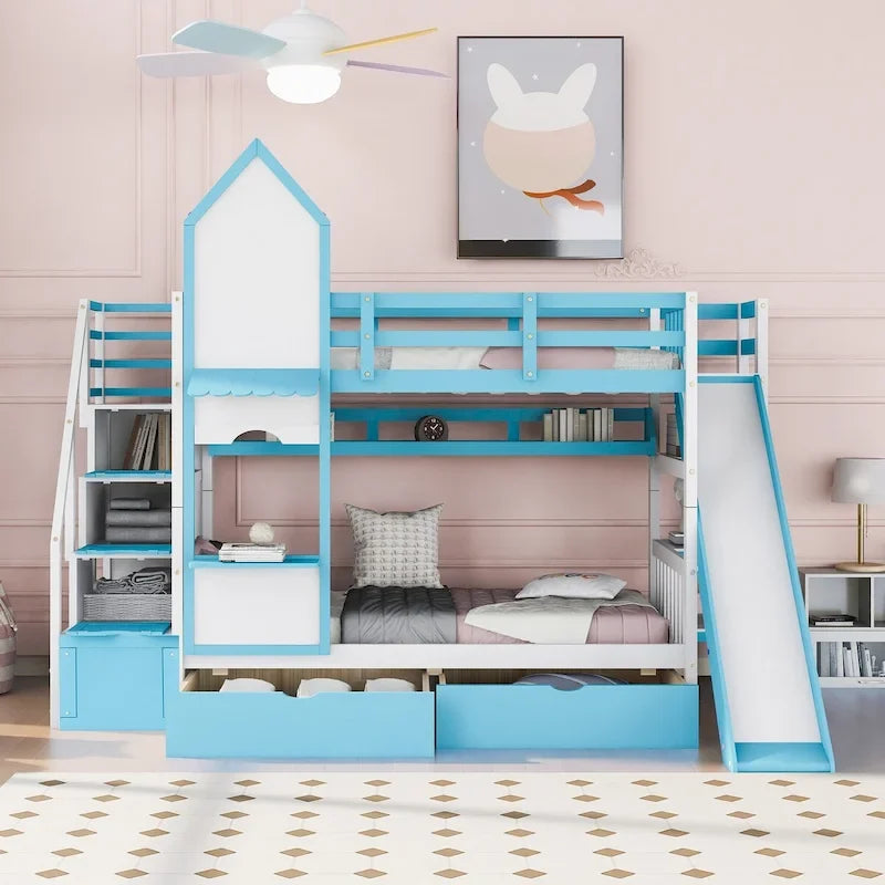 Twin-Over-Twin Castle Style Bunk Bed with Drawers,Shelves,Slide