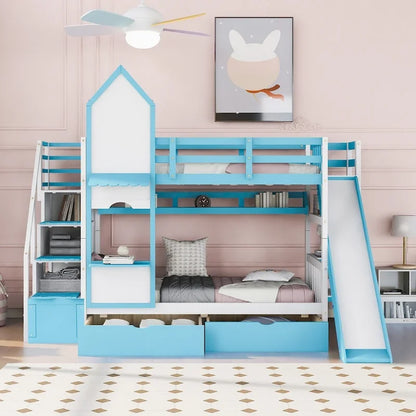 Twin-Over-Twin Castle Style Bunk Bed with Drawers,Shelves,Slide