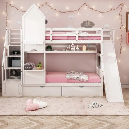 Twin-Over-Twin Castle Style Bunk Bed with Drawers,Shelves,Slide