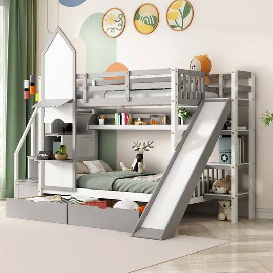 Twin-Over-Twin Castle Style Bunk Bed with Drawers,Shelves,Slide