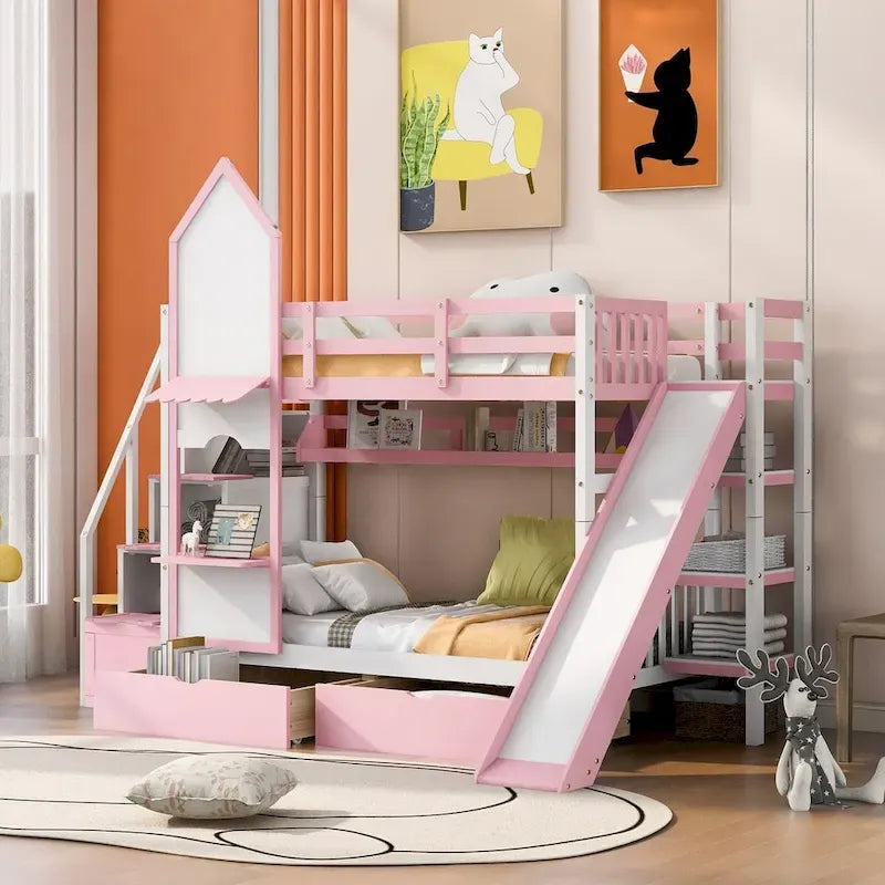 Twin-Over-Twin Castle Style Bunk Bed with Drawers,Shelves,Slide