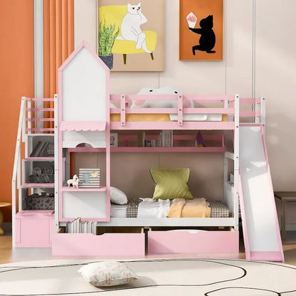 Twin-Over-Twin Castle Style Bunk Bed with Drawers,Shelves,Slide