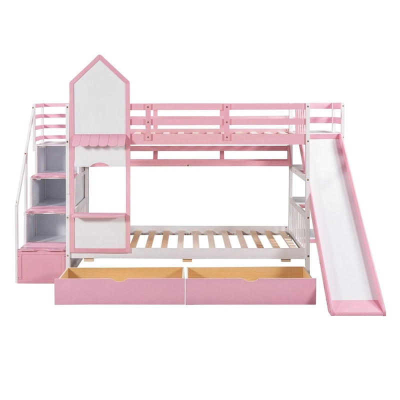 Twin-Over-Twin Castle Style Bunk Bed with Drawers,Shelves,Slide
