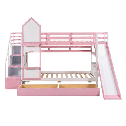 Twin-Over-Twin Castle Style Bunk Bed with Drawers,Shelves,Slide