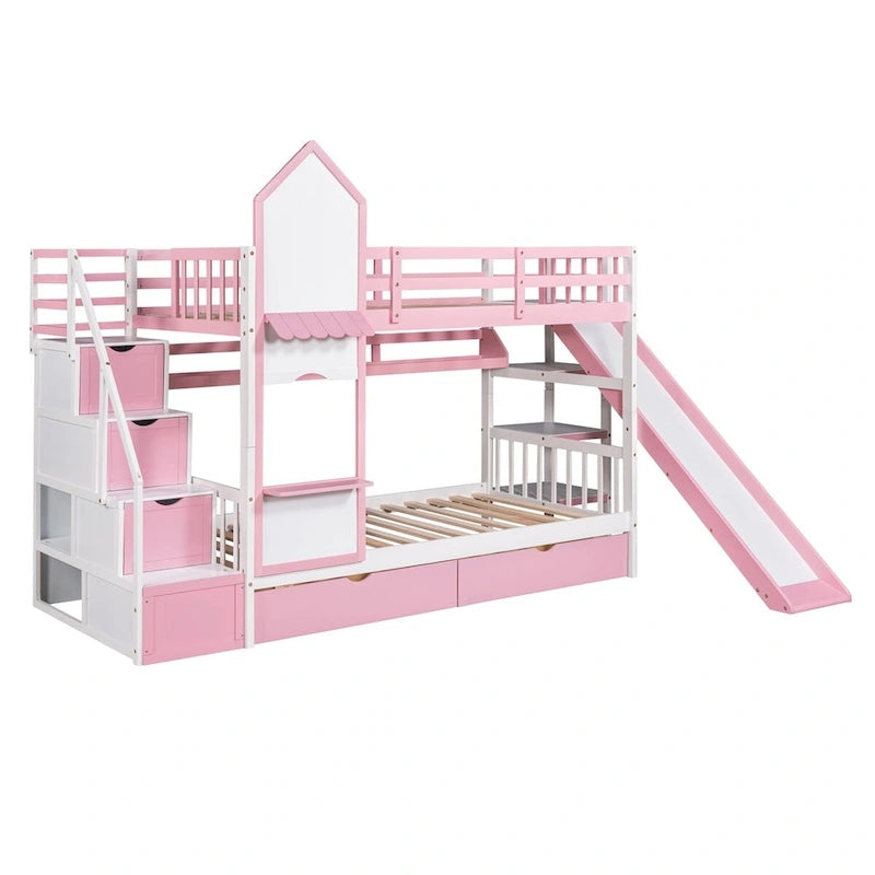 Twin-Over-Twin Castle Style Bunk Bed with Drawers,Shelves,Slide