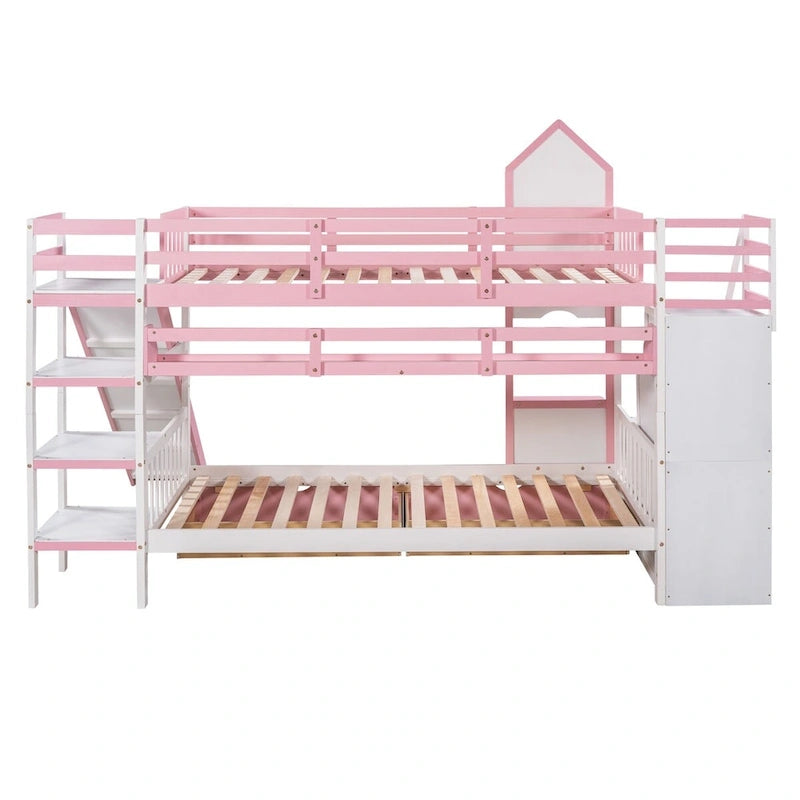 Twin-Over-Twin Castle Style Bunk Bed with Drawers,Shelves,Slide