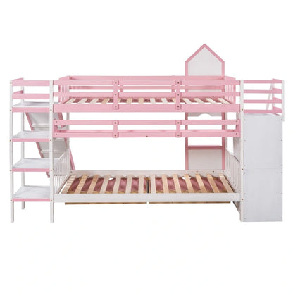 Twin-Over-Twin Castle Style Bunk Bed with Drawers,Shelves,Slide