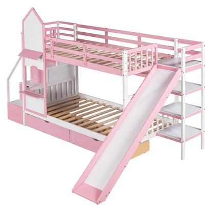 Twin-Over-Twin Castle Style Bunk Bed with Drawers,Shelves,Slide