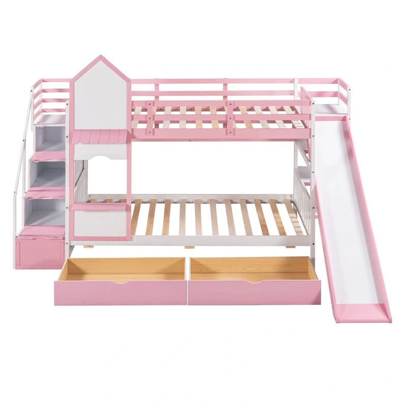 Twin-Over-Twin Castle Style Bunk Bed with Drawers,Shelves,Slide
