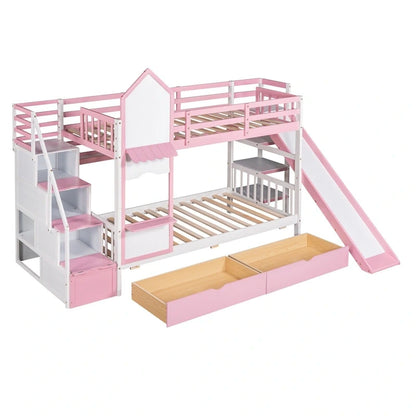 Twin-Over-Twin Castle Style Bunk Bed with Drawers,Shelves,Slide