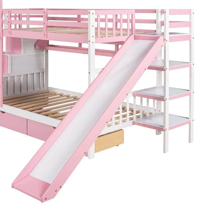 Twin-Over-Twin Castle Style Bunk Bed with Drawers,Shelves,Slide
