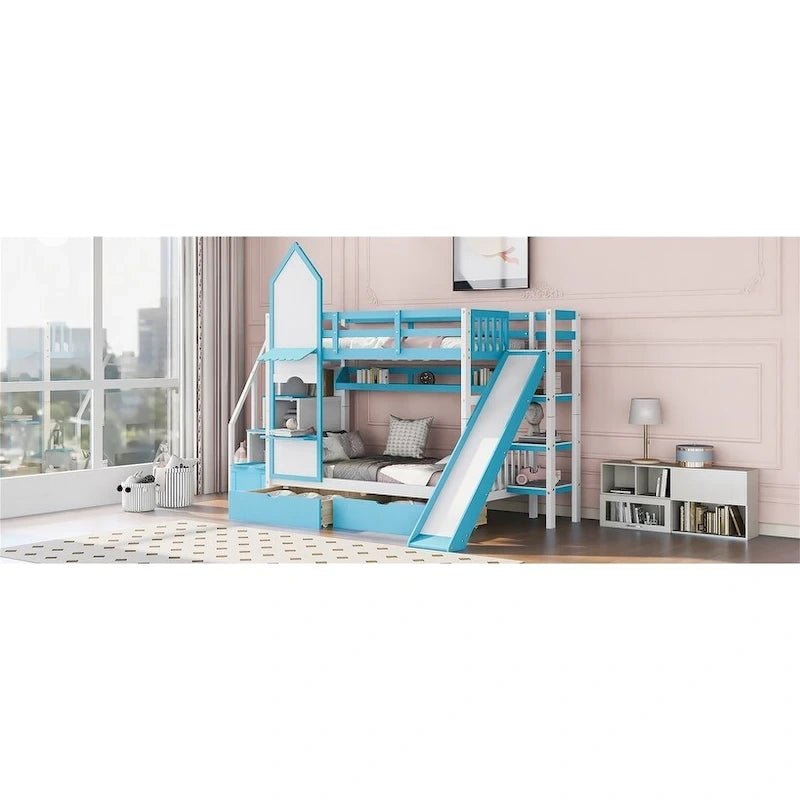 Twin-Over-Twin Castle Style Bunk Bed with Drawers,Shelves,Slide