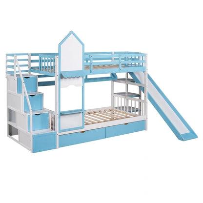Twin-Over-Twin Castle Style Bunk Bed with Drawers,Shelves,Slide