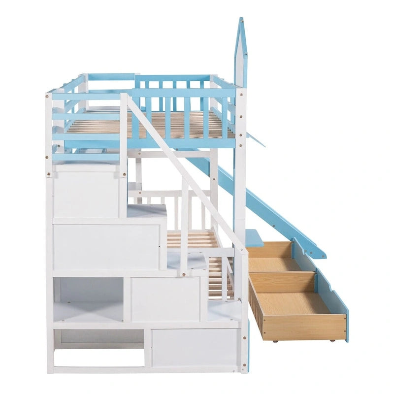 Twin-Over-Twin Castle Style Bunk Bed with Drawers,Shelves,Slide