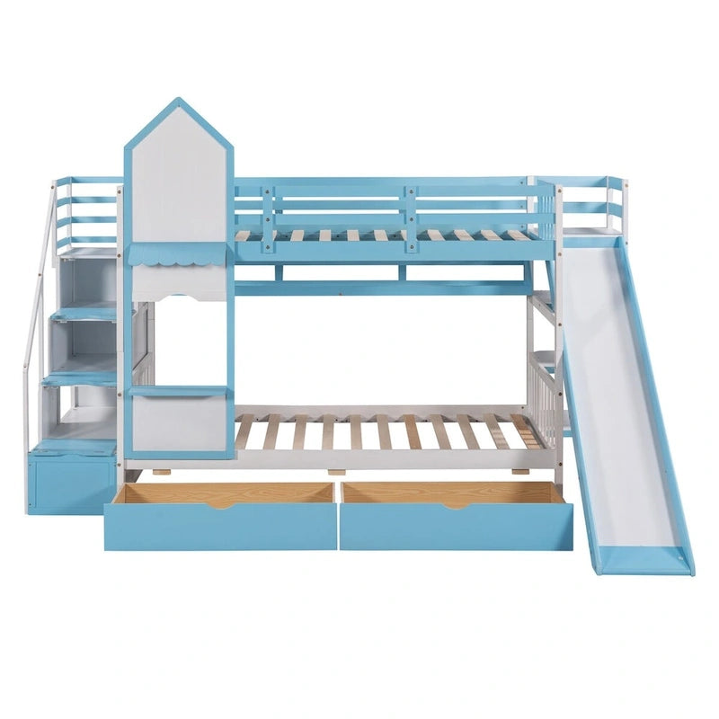 Twin-Over-Twin Castle Style Bunk Bed with Drawers,Shelves,Slide