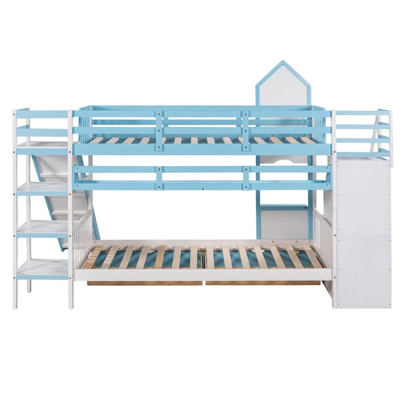 Twin-Over-Twin Castle Style Bunk Bed with Drawers,Shelves,Slide