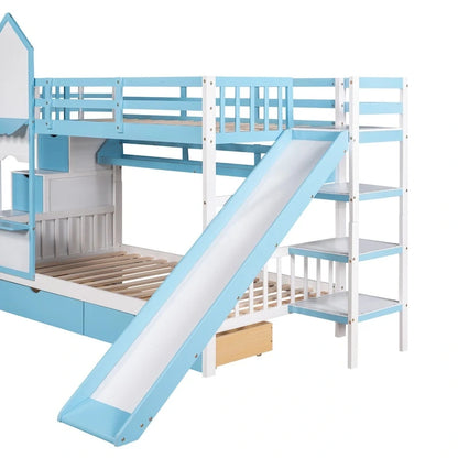 Twin-Over-Twin Castle Style Bunk Bed with Drawers,Shelves,Slide
