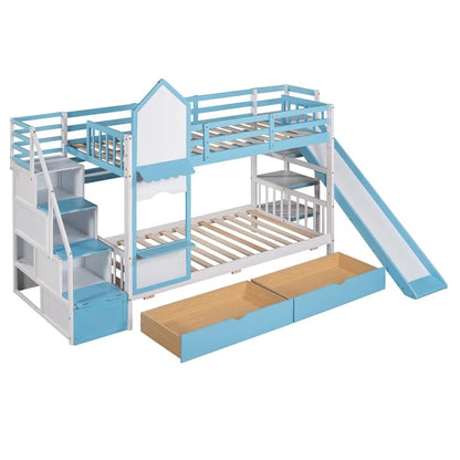 Twin-Over-Twin Castle Style Bunk Bed with Drawers,Shelves,Slide