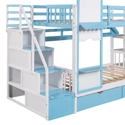 Twin-Over-Twin Castle Style Bunk Bed with Drawers,Shelves,Slide