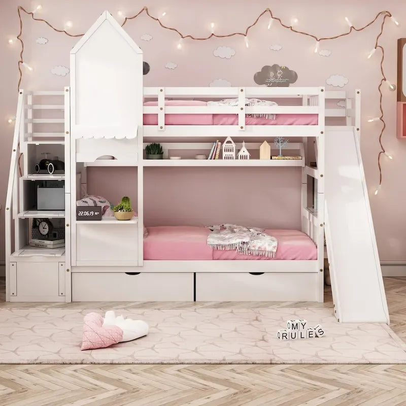 Twin-Over-Twin Castle Style Bunk Bed with Drawers,Shelves,Slide