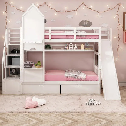 Twin-Over-Twin Castle Style Bunk Bed with Drawers,Shelves,Slide