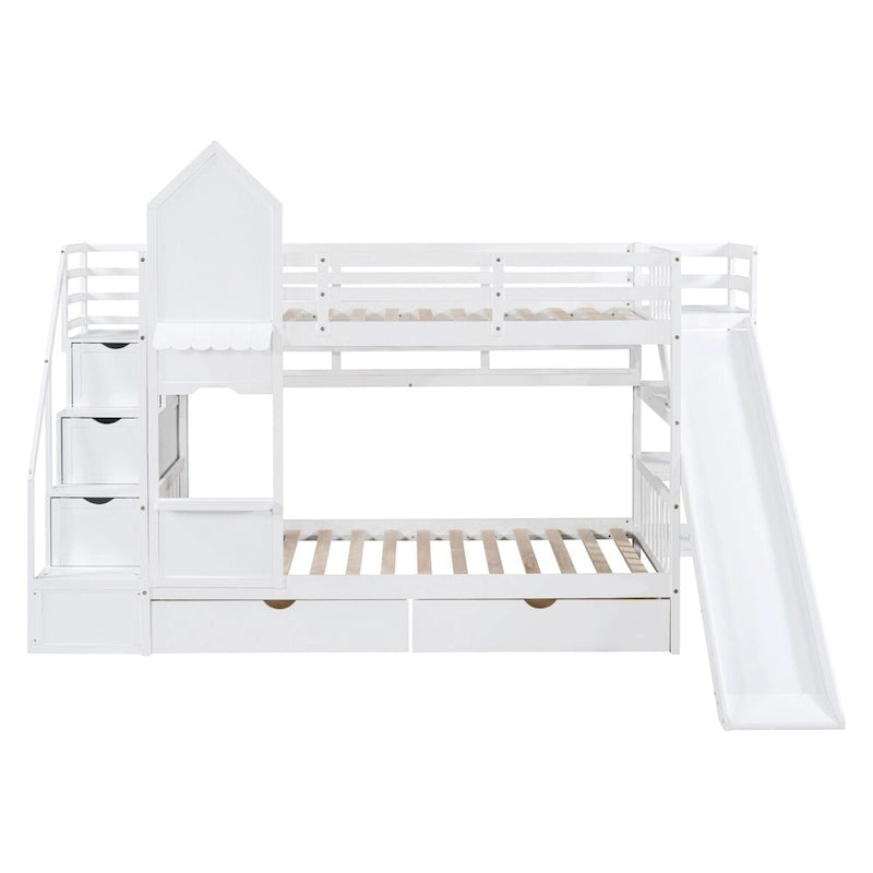 Twin-Over-Twin Castle Style Bunk Bed with Drawers,Shelves,Slide