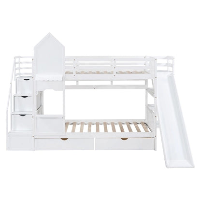 Twin-Over-Twin Castle Style Bunk Bed with Drawers,Shelves,Slide