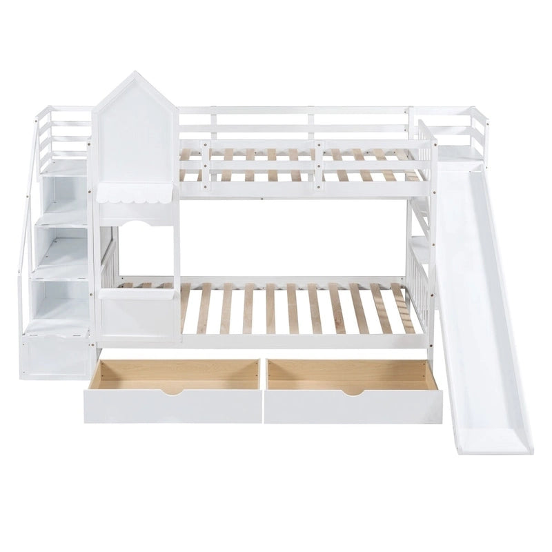 Twin-Over-Twin Castle Style Bunk Bed with Drawers,Shelves,Slide