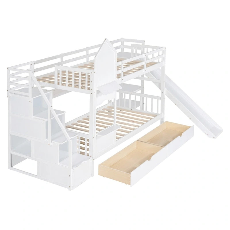 Twin-Over-Twin Castle Style Bunk Bed with Drawers,Shelves,Slide