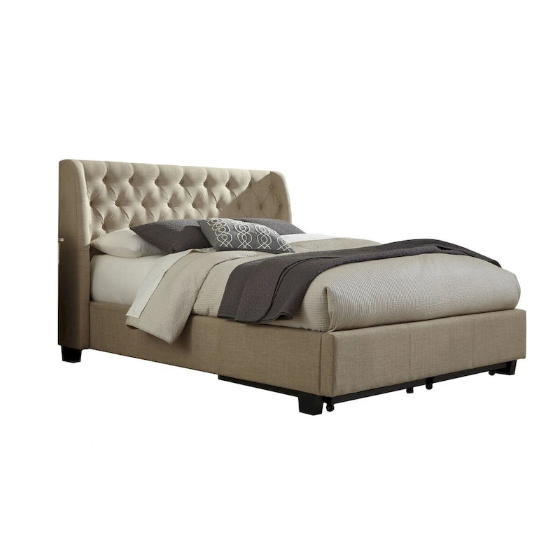 Pax Queen Bed, Storage Footboard, Button Tufted Upholstery, Beige Linen