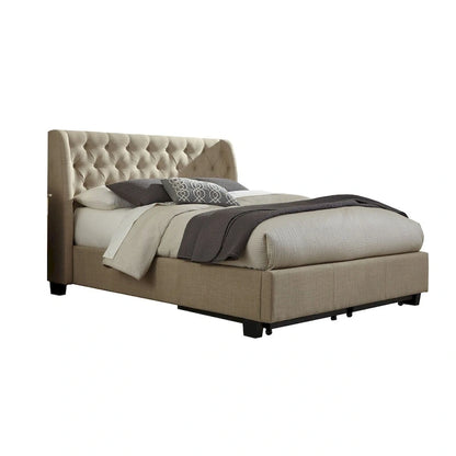 Pax Queen Bed, Storage Footboard, Button Tufted Upholstery, Beige Linen