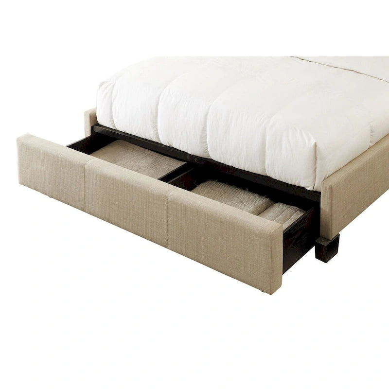 Pax Queen Bed, Storage Footboard, Button Tufted Upholstery, Beige Linen