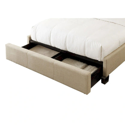 Pax Queen Bed, Storage Footboard, Button Tufted Upholstery, Beige Linen
