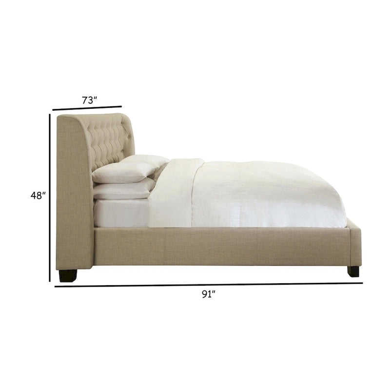 Pax Queen Bed, Storage Footboard, Button Tufted Upholstery, Beige Linen